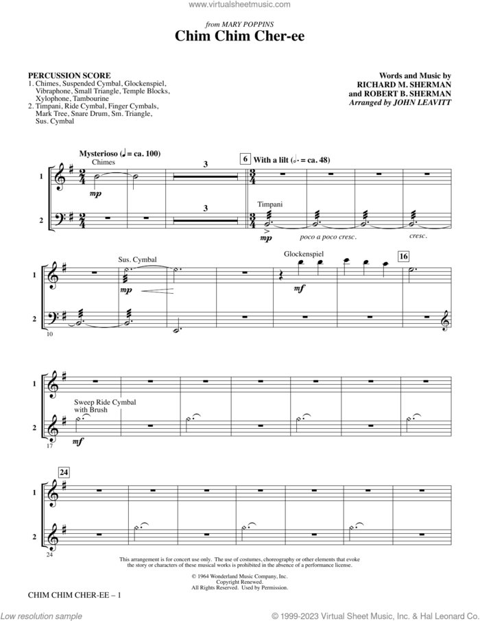 Chim Chim Cher-ee (arr. John Leavitt) sheet music for orchestra/band (percussion score) by Richard M. Sherman, John Leavitt, Robert B. Sherman and Sherman Brothers, intermediate skill level