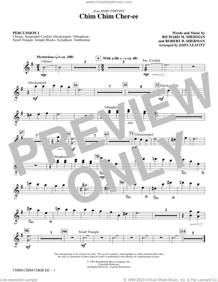 Chim Chim Cher-ee (arr. John Leavitt) sheet music for orchestra/band (percussion 1) by Richard M. Sherman, John Leavitt, Robert B. Sherman and Sherman Brothers, intermediate skill level