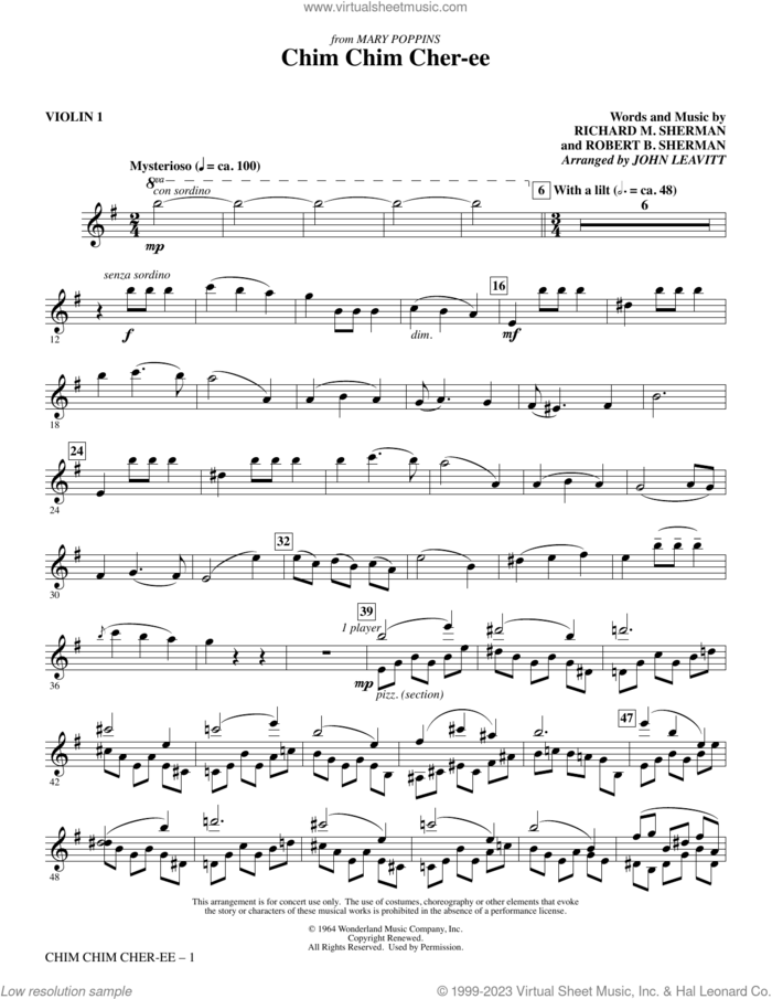 Chim Chim Cher-ee (arr. John Leavitt) sheet music for orchestra/band (violin 1) by Richard M. Sherman, John Leavitt, Robert B. Sherman and Sherman Brothers, intermediate skill level
