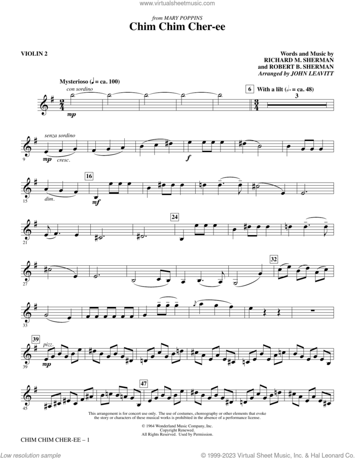 Chim Chim Cher-ee (arr. John Leavitt) sheet music for orchestra/band (violin 2) by Richard M. Sherman, John Leavitt, Robert B. Sherman and Sherman Brothers, intermediate skill level
