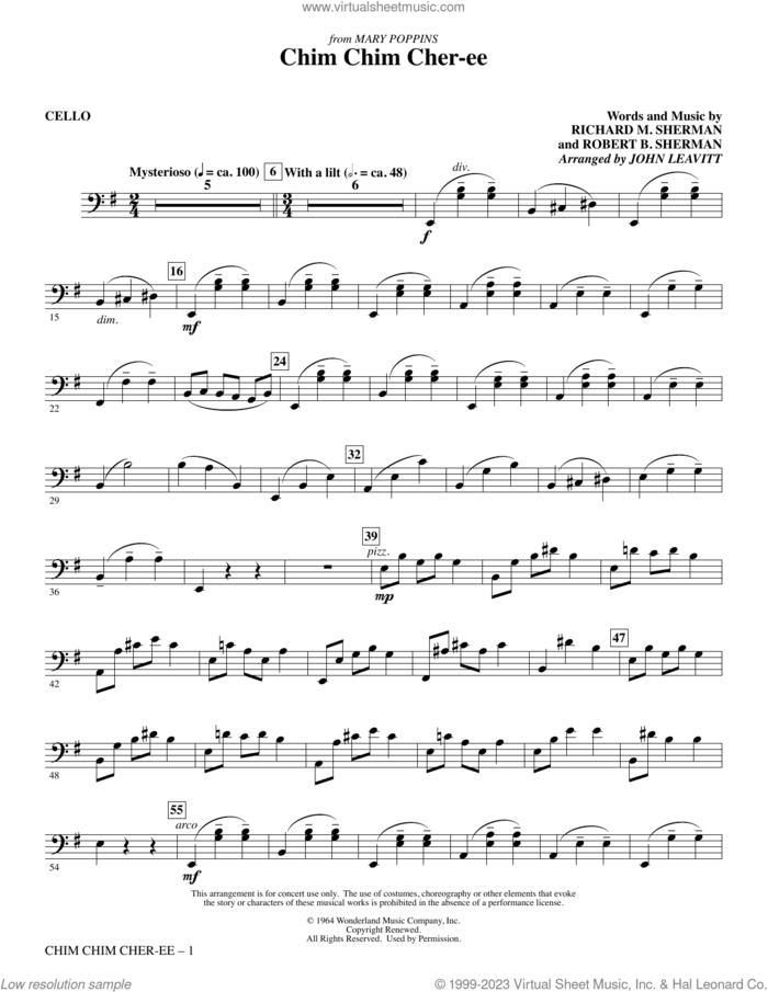 Chim Chim Cher-ee (arr. John Leavitt) sheet music for orchestra/band (cello) by Richard M. Sherman, John Leavitt, Robert B. Sherman and Sherman Brothers, intermediate skill level