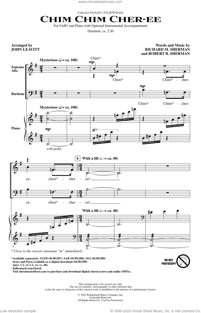 Chim Chim Cher-ee (from Mary Poppins) (arr. John Leavitt) sheet music for choir (SAB: soprano, alto, bass) by Richard M. Sherman, John Leavitt, Robert B. Sherman and Sherman Brothers, intermediate skill level