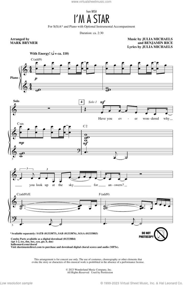 I'm A Star (from Wish) (arr. Mark Brymer) sheet music for choir (s(s)a) by Julia Michaels, Mark Brymer, Benjamin Rice and Benjamin Rice and Julia Michaels, intermediate skill level