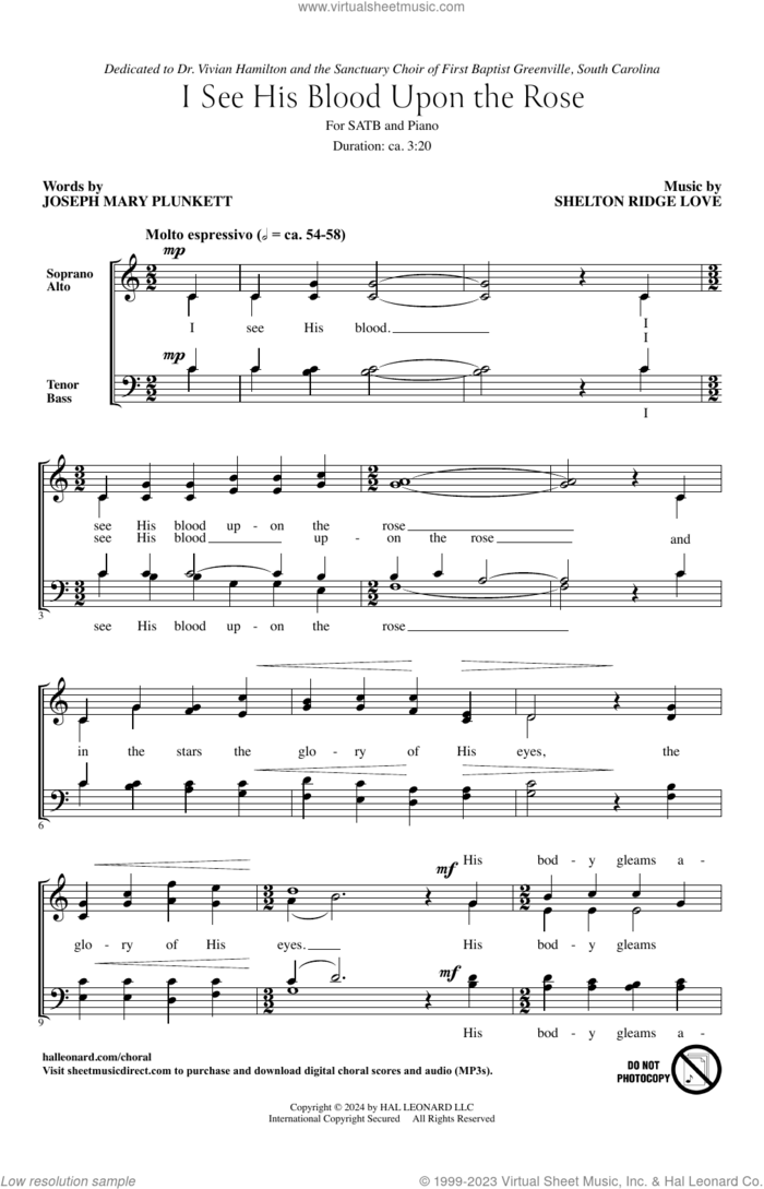 I See His Blood Upon The Rose sheet music for choir (SATB: soprano, alto, tenor, bass) by Shelton Ridge Love and Joseph Mary Plunkett, intermediate skill level