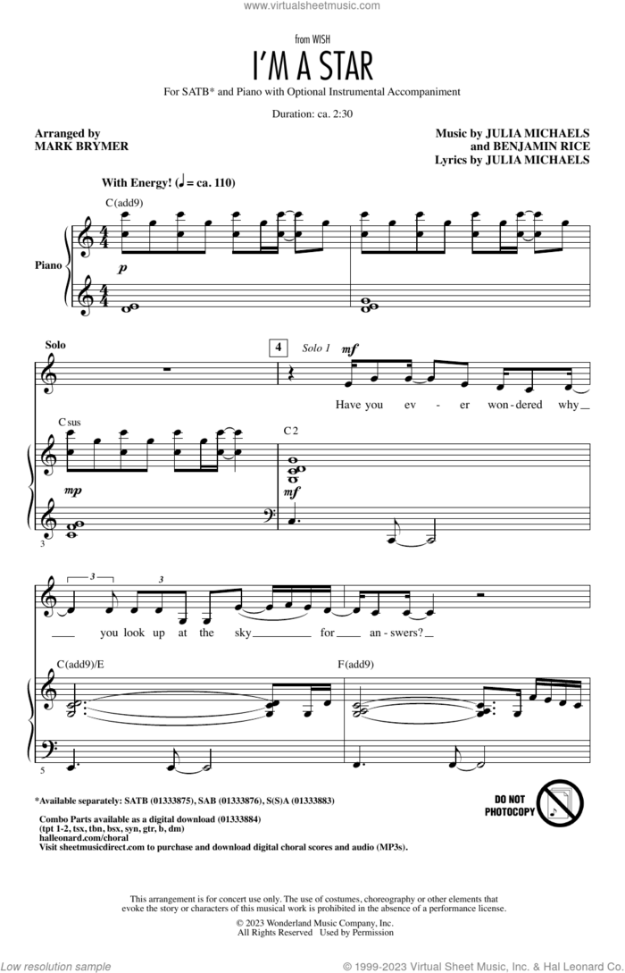 I'm A Star (from Wish) (arr. Mark Brymer) sheet music for choir (SATB: soprano, alto, tenor, bass) by Julia Michaels, Mark Brymer, Benjamin Rice and Benjamin Rice and Julia Michaels, intermediate skill level