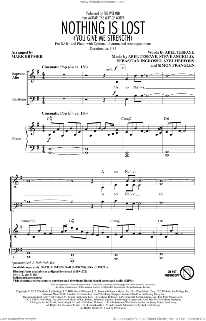 Nothing Is Lost (You Give Me Strength) (arr. Mark Brymer) sheet music for choir (SAB: soprano, alto, bass) by The Weeknd, Mark Brymer, Abel Tesfaye, Axel Hedfors, Sebastian Ingrosso, Simon Franglen and Steve Angello, intermediate skill level