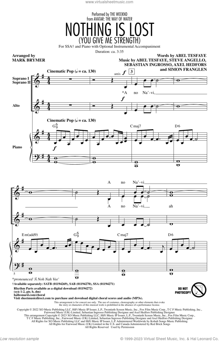 Nothing Is Lost (You Give Me Strength) (arr. Mark Brymer) sheet music for choir (SSA: soprano, alto) by The Weeknd, Mark Brymer, Abel Tesfaye, Axel Hedfors, Sebastian Ingrosso, Simon Franglen and Steve Angello, intermediate skill level
