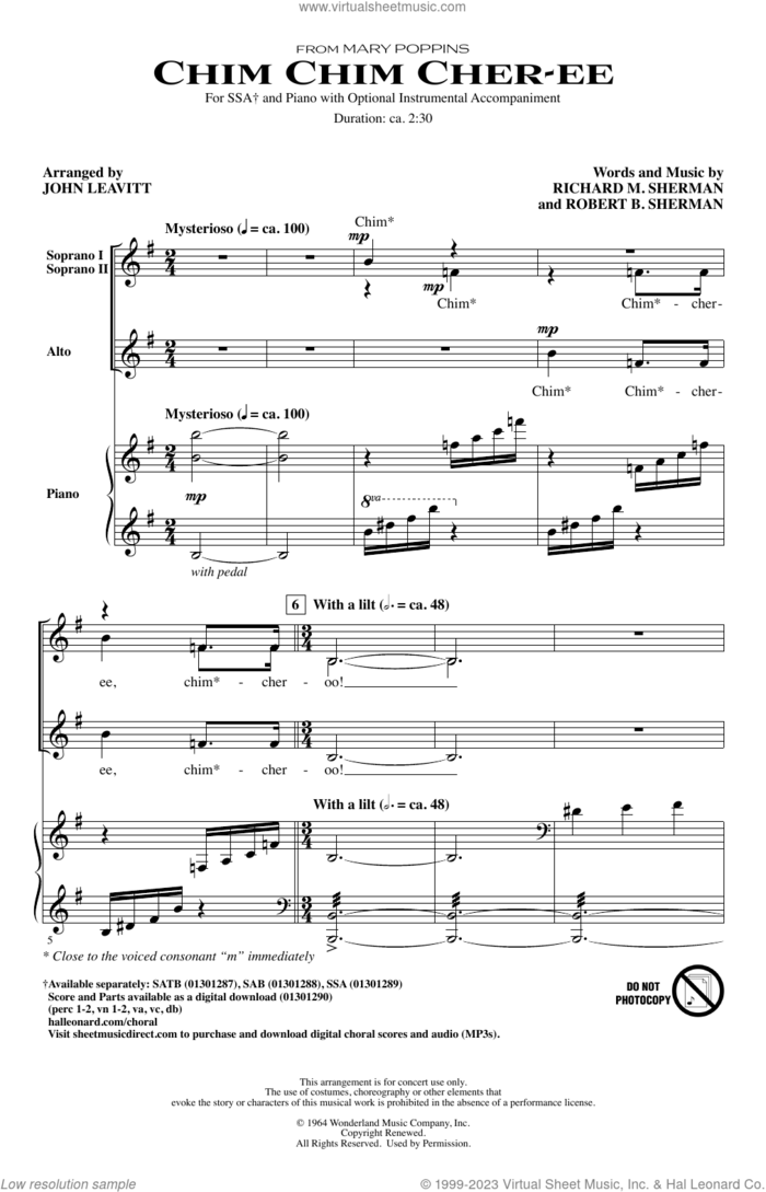 Chim Chim Cher-ee (from Mary Poppins) (arr. John Leavitt) sheet music for choir (SSA: soprano, alto) by Richard M. Sherman, John Leavitt, Robert B. Sherman and Sherman Brothers, intermediate skill level