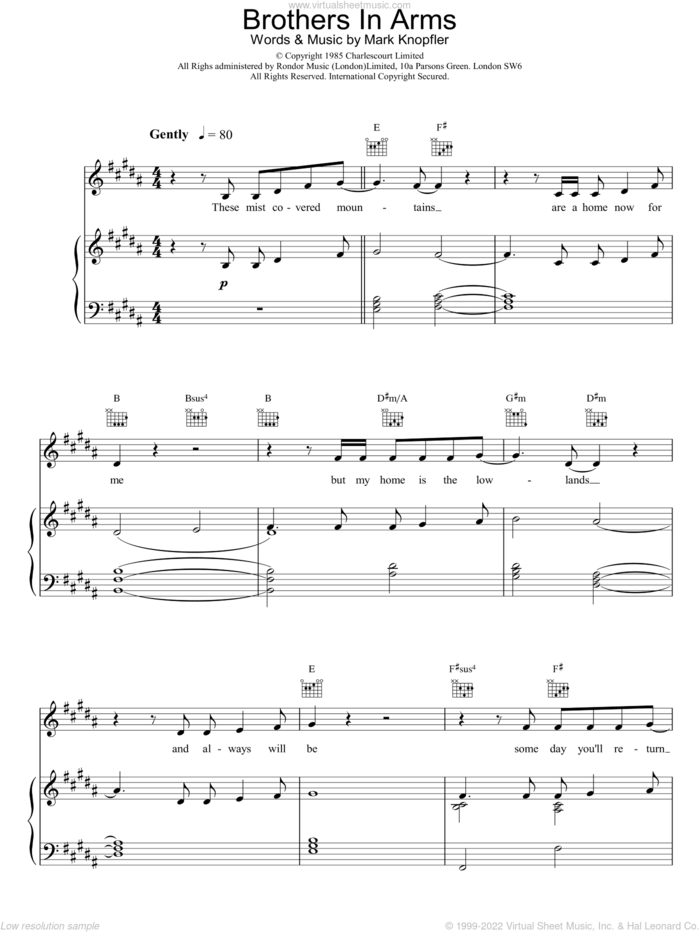 Brothers in Arms sheet music for voice, piano or guitar by Dire Straits, intermediate skill level