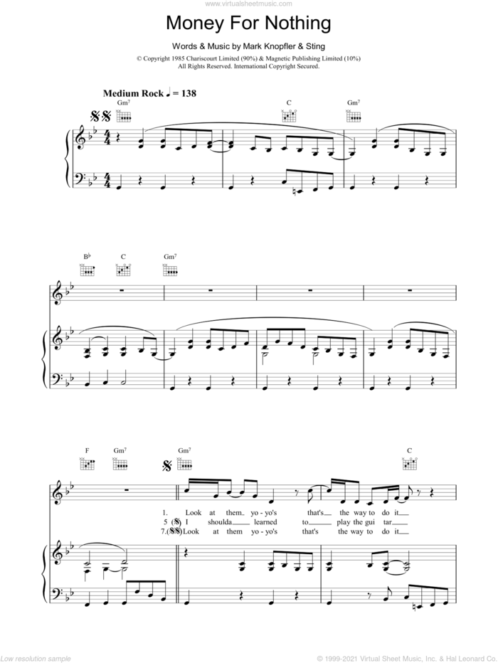 Money For Nothing sheet music for voice, piano or guitar by Dire Straits, Mark Knopfler and Sting, intermediate skill level