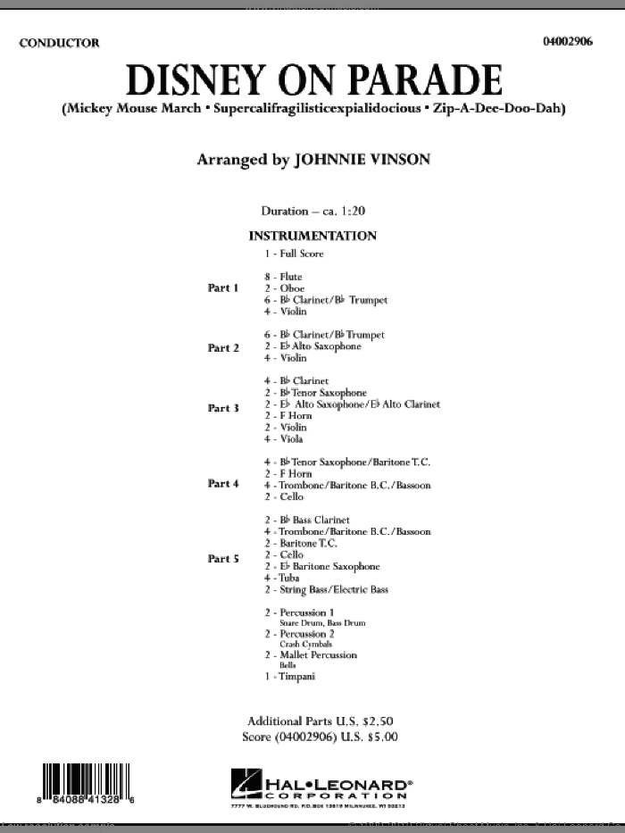 Disney on Parade (COMPLETE) sheet music for concert band by Johnnie Vinson, intermediate skill level