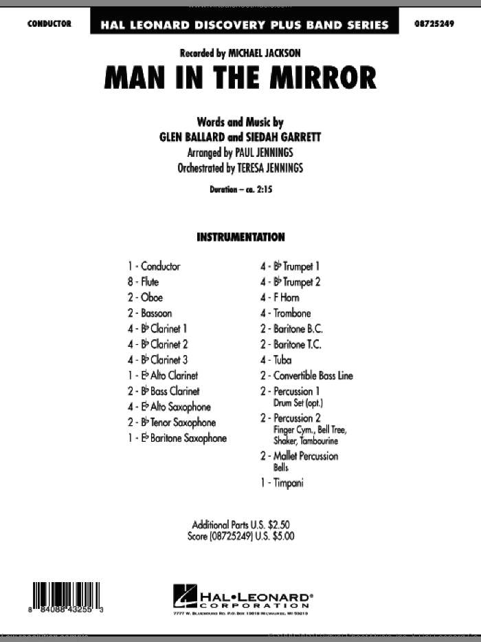 Man In The Mirror (COMPLETE) sheet music for concert band by Glen Ballard, Siedah Garrett, Michael Jackson and Paul Jennings, intermediate skill level
