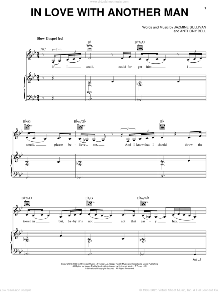In Love With Another Man sheet music for voice, piano or guitar by Jazmine Sullivan and Anthony Bell, intermediate skill level