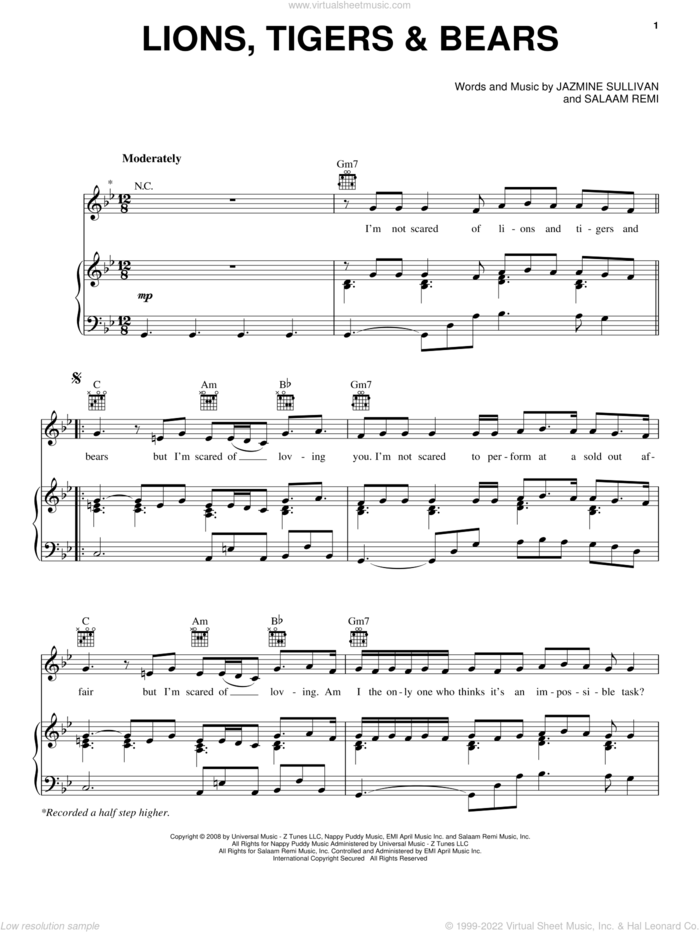Lions, Tigers and Bears sheet music for voice, piano or guitar by Jazmine Sullivan and Salaam Remi, intermediate skill level