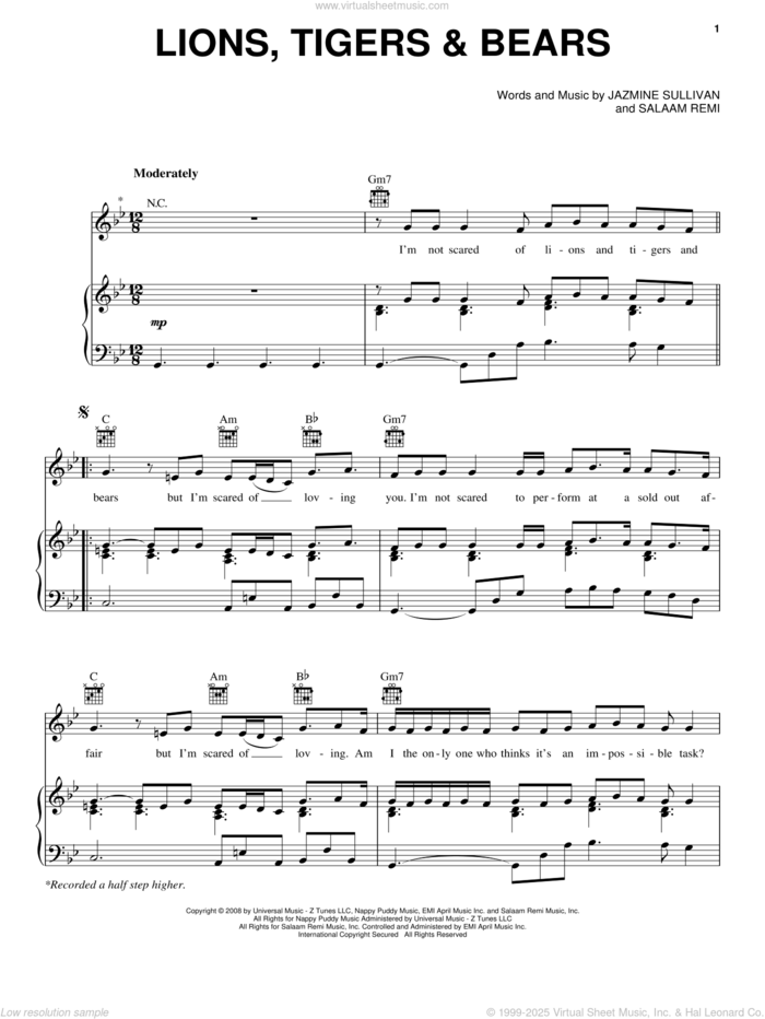 Lions, Tigers and Bears sheet music for voice, piano or guitar by Jazmine Sullivan and Salaam Remi, intermediate skill level