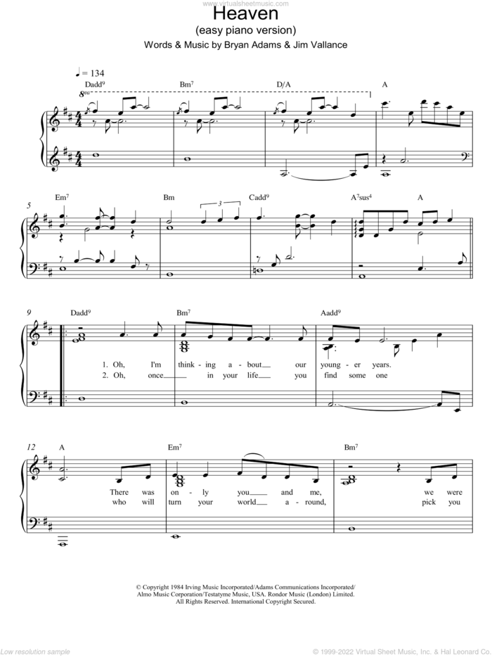 Heaven sheet music for piano solo by DJ Sammy and Bryan Adams, easy skill level