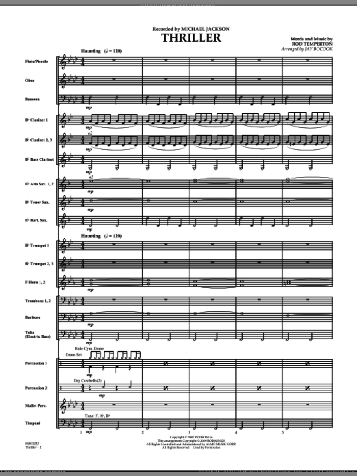 Thriller (COMPLETE) sheet music for concert band by Jay Bocook, Rod Temperton and Michael Jackson, intermediate skill level