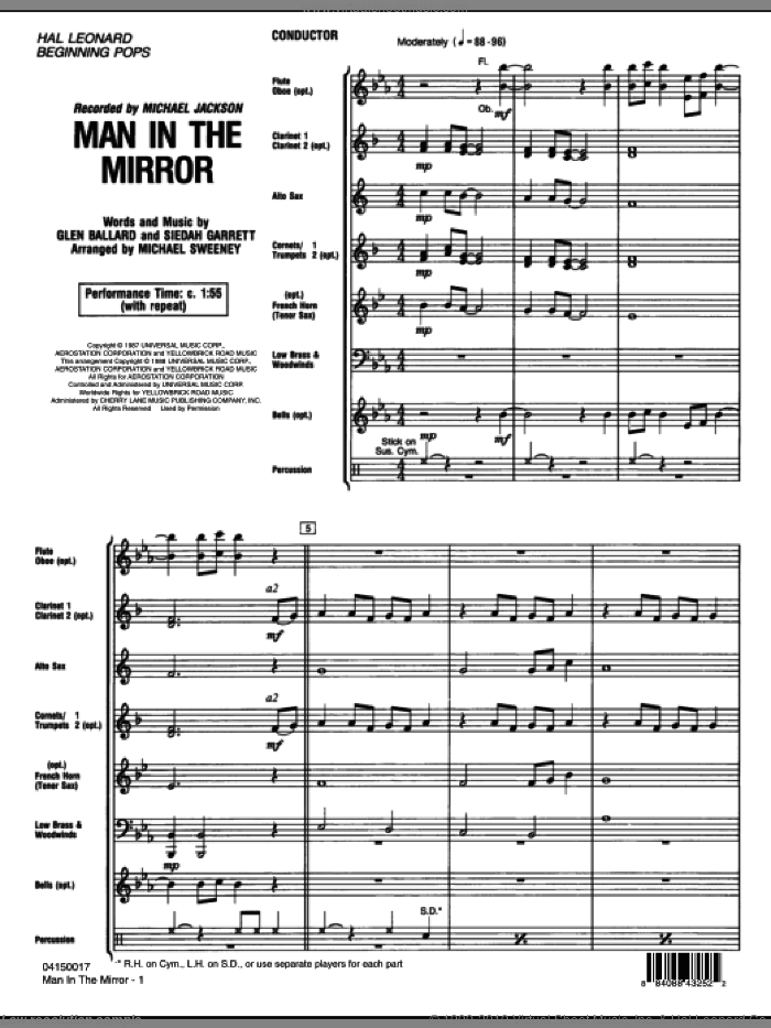 Man In The Mirror (COMPLETE) sheet music for concert band by Glen Ballard, Siedah Garrett, Michael Jackson and Michael Sweeney, intermediate skill level