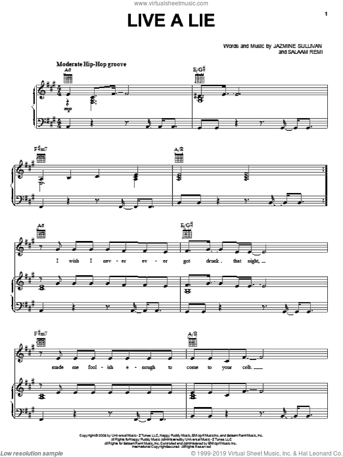 Live A Lie sheet music for voice, piano or guitar by Jazmine Sullivan and Salaam Remi, intermediate skill level