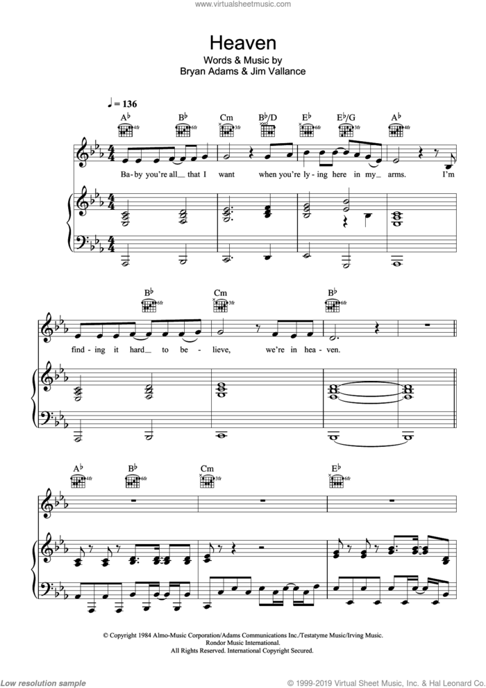 Heaven sheet music for voice, piano or guitar by Bryan Adams, DJ Sammy and Jim Vallance, intermediate skill level