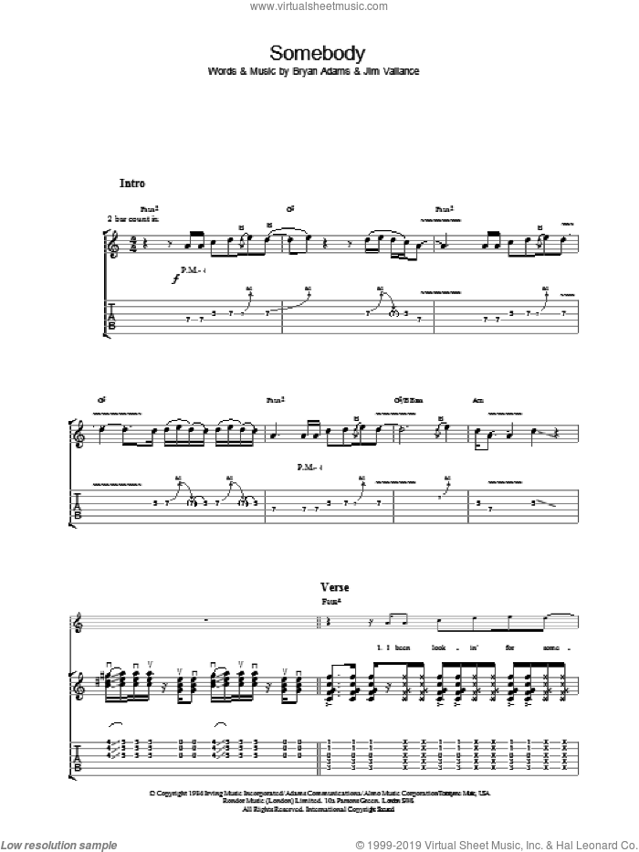 Somebody sheet music for guitar (tablature) by Bryan Adams, intermediate skill level