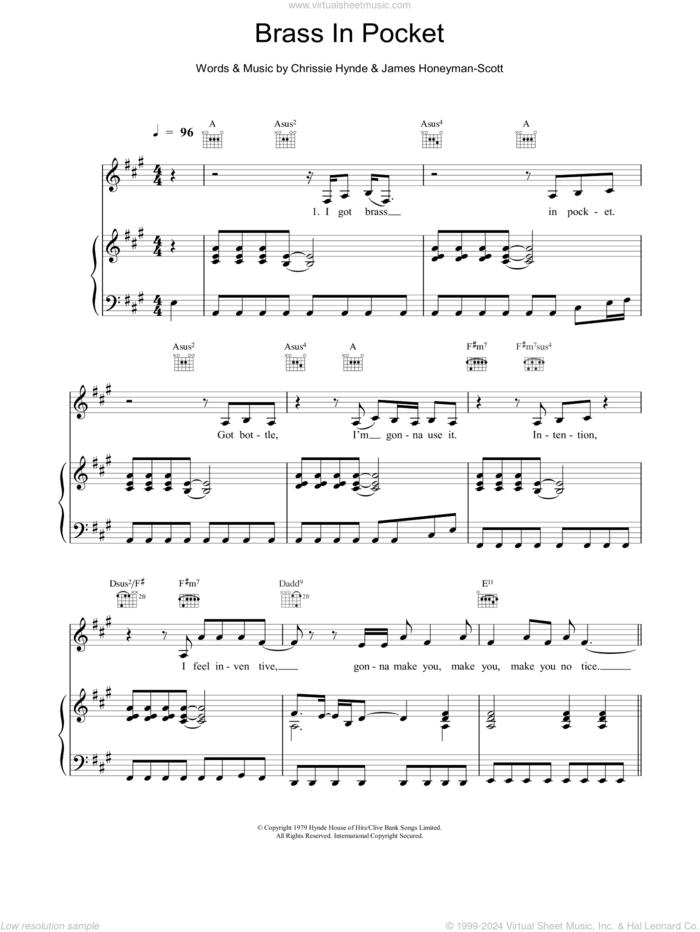 Brass In Pocket sheet music for voice, piano or guitar by The Pretenders, intermediate skill level