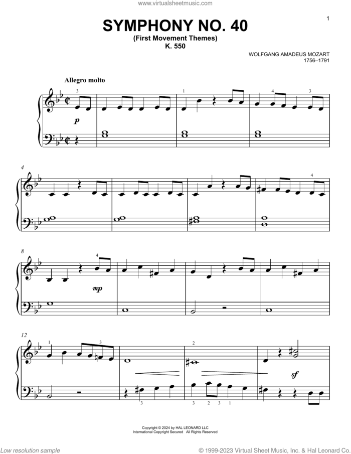 Symphony No. 40 In G Minor, First Movement Excerpt, (easy) sheet music for piano solo by Wolfgang Amadeus Mozart, classical score, easy skill level