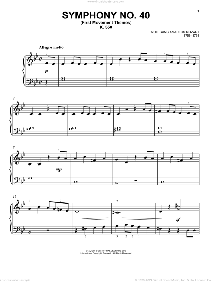 Symphony No. 40 In G Minor, First Movement Excerpt, (easy) sheet music for piano solo by Wolfgang Amadeus Mozart, classical score, easy skill level