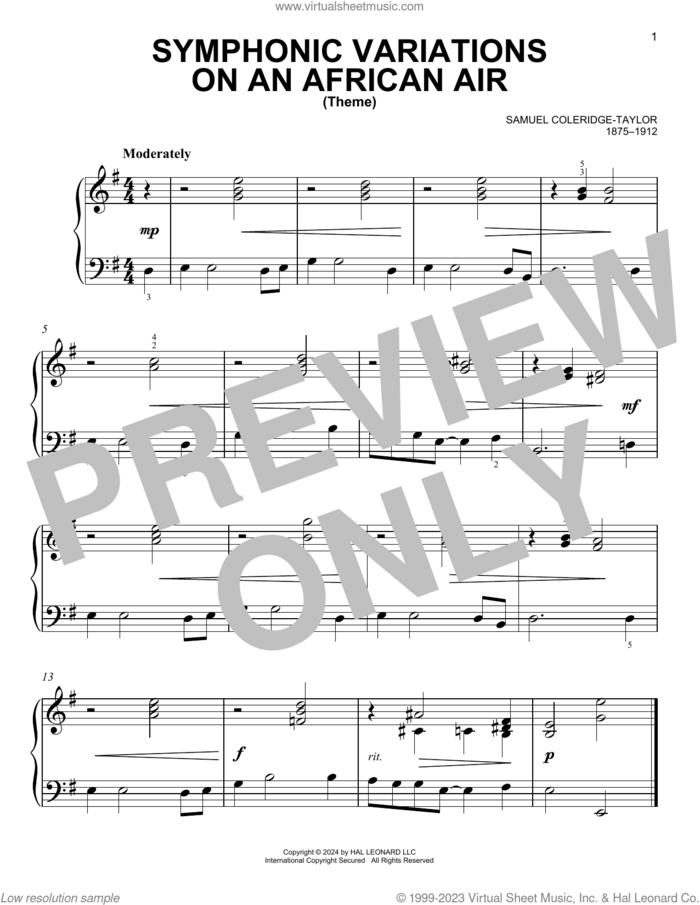 Symphonic Variations On An African Air sheet music for piano solo by Samuel Coleridge-Taylor, classical score, easy skill level