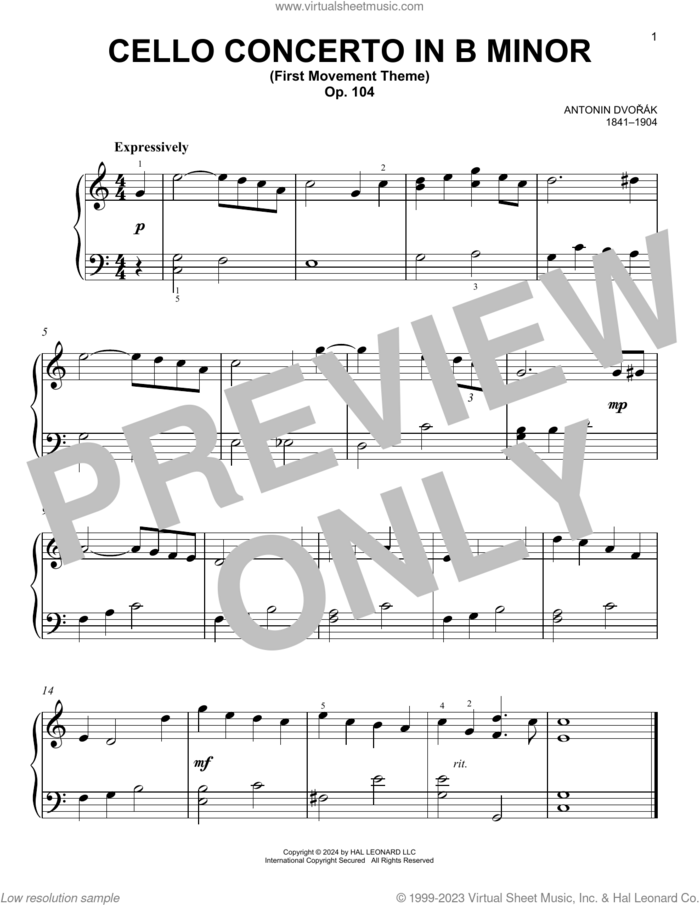 Cello Concerto In B Minor, Op. 104 sheet music for piano solo by Antonin Dvorak, classical score, easy skill level