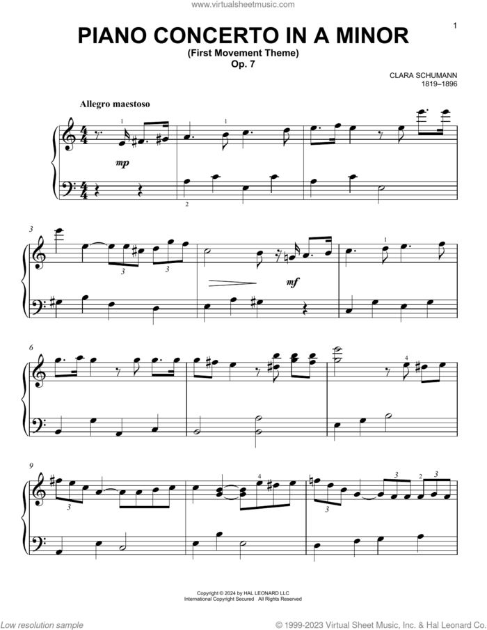 Piano Concerto In A Minor, Op. 7, First Movement sheet music for piano solo by Clara Schumann, classical score, easy skill level