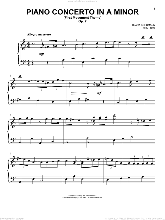 Piano Concerto In A Minor, Op. 7, First Movement sheet music for piano solo by Clara Schumann, classical score, easy skill level