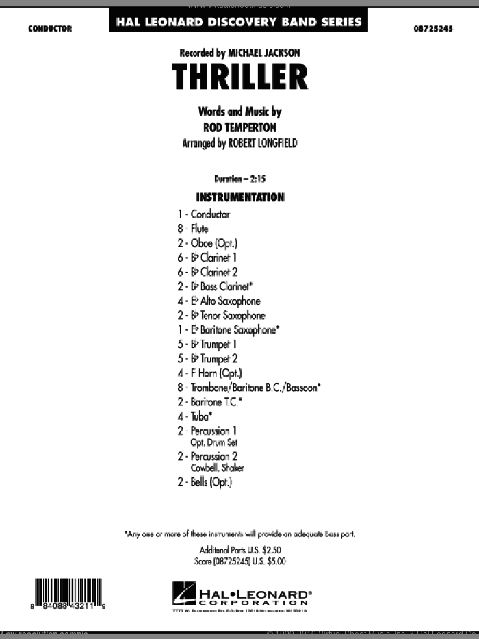 Thriller (COMPLETE) sheet music for concert band by Robert Longfield, Rod Temperton and Michael Jackson, intermediate skill level