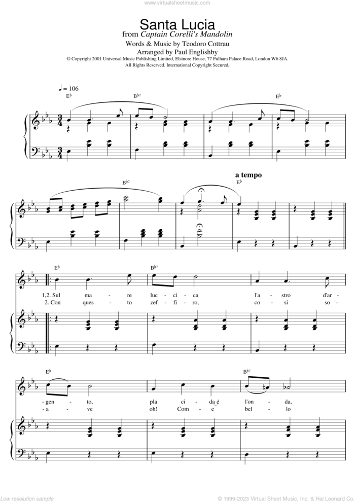 Santa Lucia sheet music for voice and piano by Teodoro Cottrau, intermediate skill level
