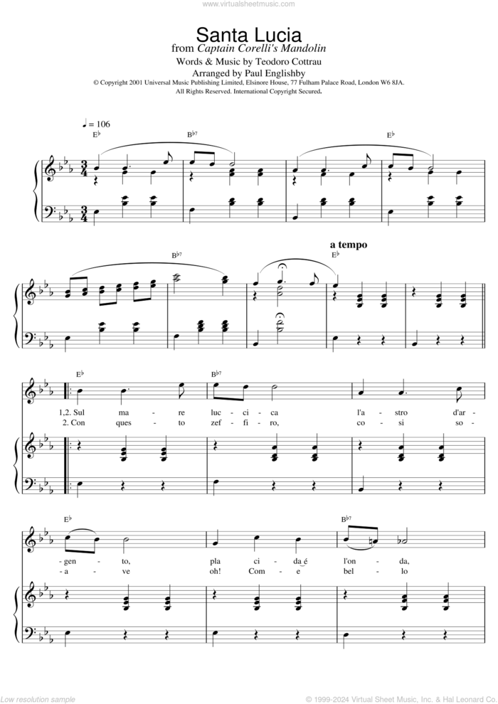 Santa Lucia sheet music for voice and piano by Teodoro Cottrau, intermediate skill level