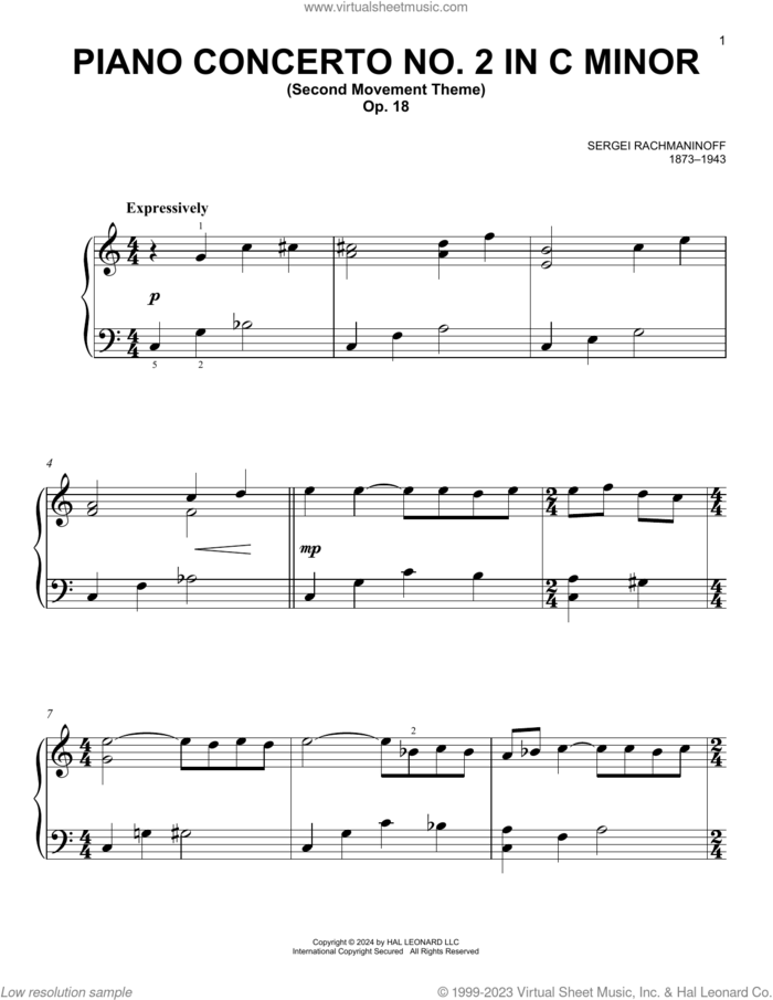 Piano Concerto No. 2 In C Minor, Op. 18, (easy) sheet music for piano solo by Serjeij Rachmaninoff, classical score, easy skill level