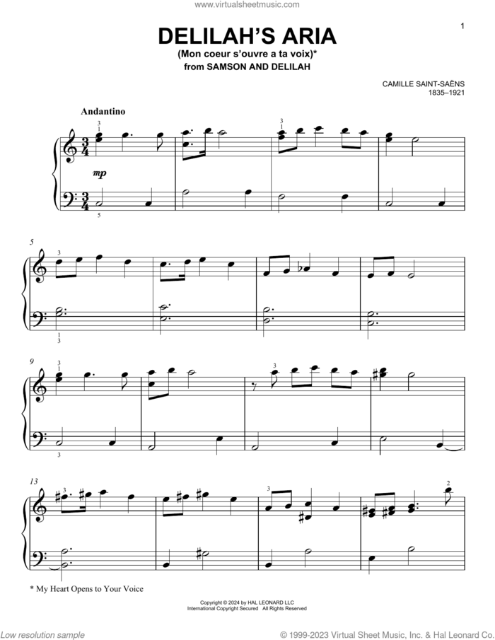 Delilah's Aria (Mon Coeur S'Ouvre A Ta Voix) sheet music for piano solo by Camille Saint-Saens, classical score, easy skill level