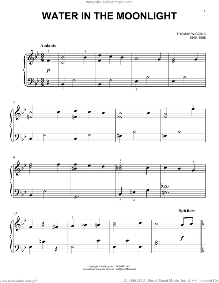 Water In The Moonlight sheet music for piano solo by Thomas Wiggins, classical score, easy skill level