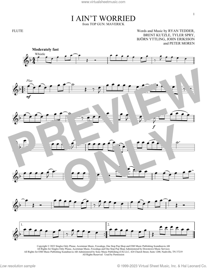 I Ain't Worried (from Top Gun: Maverick) sheet music for flute solo by OneRepublic, Bjorn Yttling, Brent Kutzle, John Eriksson, Peter Moren, Ryan Tedder and Tyler Spry, intermediate skill level