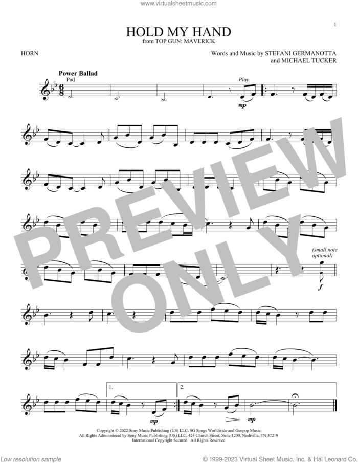 Hold My Hand (from Top Gun: Maverick) sheet music for horn solo by Lady Gaga and Michael Tucker p/k/a BloodPop, intermediate skill level