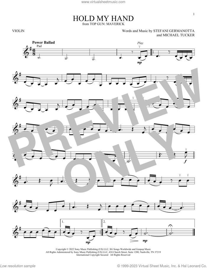 Hold My Hand (from Top Gun: Maverick) sheet music for violin solo by Lady Gaga and Michael Tucker p/k/a BloodPop, intermediate skill level