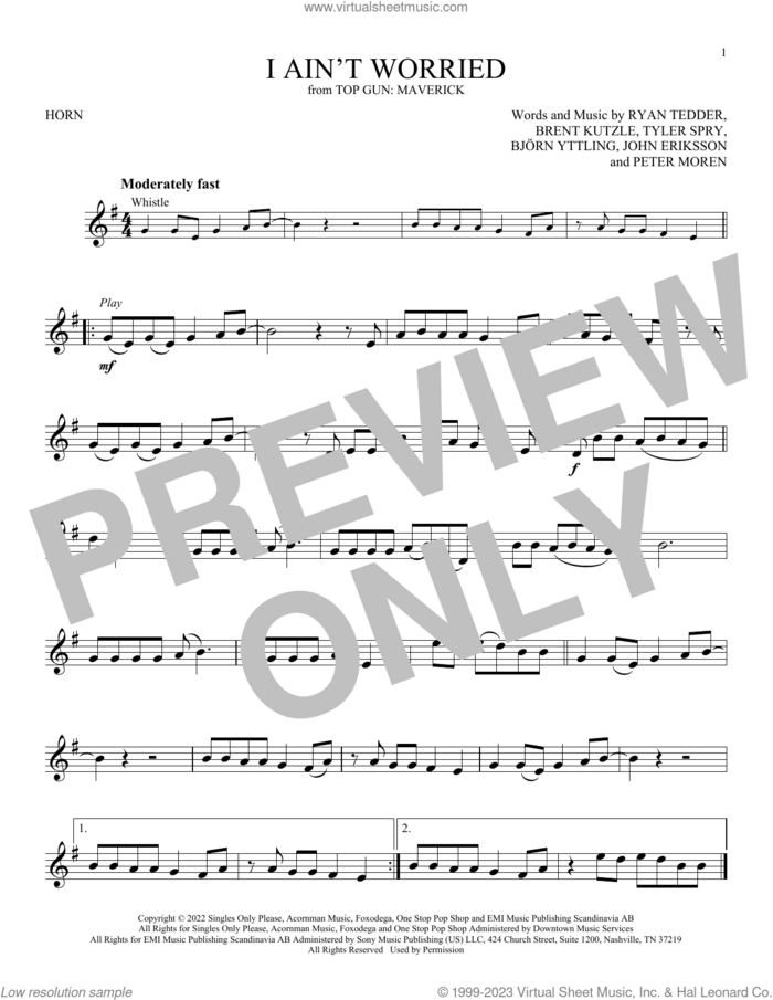 I Ain't Worried (from Top Gun: Maverick) sheet music for horn solo by OneRepublic, Bjorn Yttling, Brent Kutzle, John Eriksson, Peter Moren, Ryan Tedder and Tyler Spry, intermediate skill level