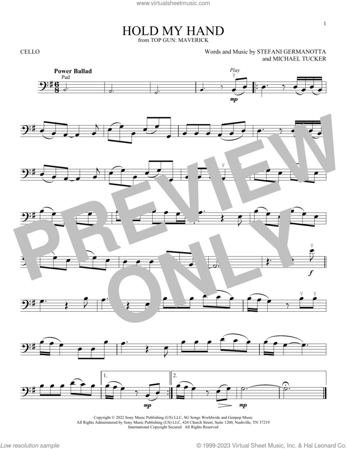Hold My Hand (from Top Gun: Maverick) sheet music for cello solo by Lady Gaga and Michael Tucker p/k/a BloodPop, intermediate skill level