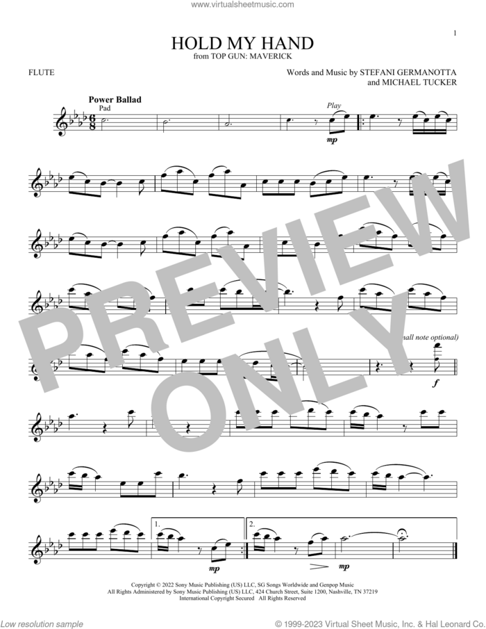 Hold My Hand (from Top Gun: Maverick) sheet music for flute solo by Lady Gaga and Michael Tucker p/k/a BloodPop, intermediate skill level