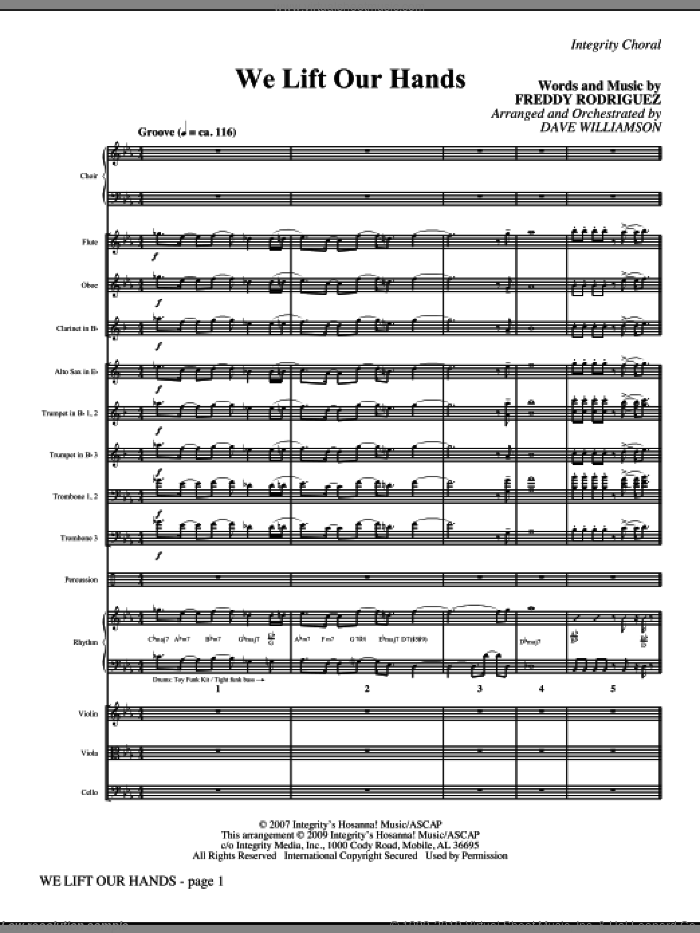 We Lift Our Hands (COMPLETE) sheet music for orchestra/band (Orchestra) by Dave Williamson and Freddy Rodriguez, intermediate skill level