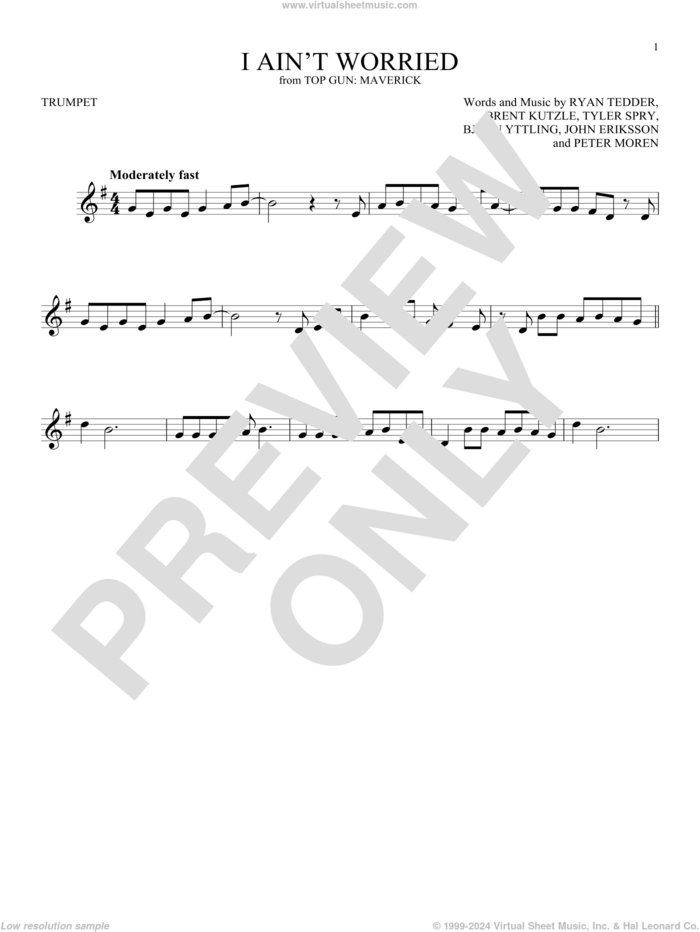 I Ain't Worried (from Top Gun: Maverick) sheet music for trumpet solo by OneRepublic, Bjorn Yttling, Brent Kutzle, John Eriksson, Peter Moren, Ryan Tedder and Tyler Spry, intermediate skill level