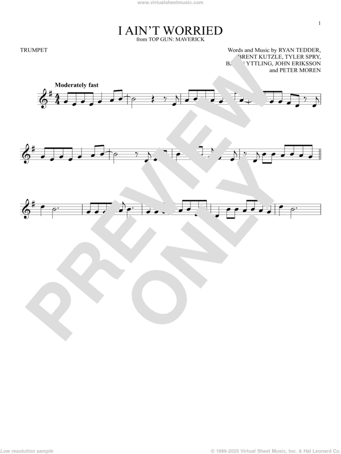 I Ain't Worried (from Top Gun: Maverick) sheet music for trumpet solo by OneRepublic, Bjorn Yttling, Brent Kutzle, John Eriksson, Peter Moren, Ryan Tedder and Tyler Spry, intermediate skill level