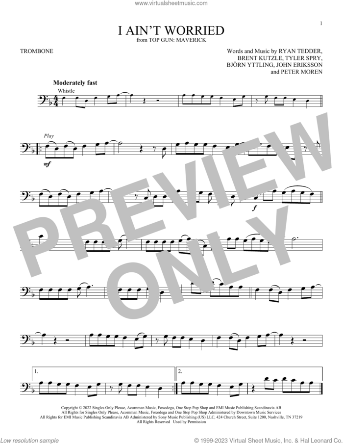 I Ain't Worried (from Top Gun: Maverick) sheet music for trombone solo by OneRepublic, Bjorn Yttling, Brent Kutzle, John Eriksson, Peter Moren, Ryan Tedder and Tyler Spry, intermediate skill level