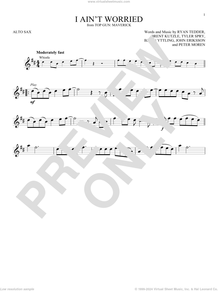 I Ain't Worried (from Top Gun: Maverick) sheet music for alto saxophone solo by OneRepublic, Bjorn Yttling, Brent Kutzle, John Eriksson, Peter Moren, Ryan Tedder and Tyler Spry, intermediate skill level