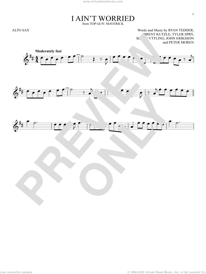 I Ain't Worried (from Top Gun: Maverick) sheet music for alto saxophone solo by OneRepublic, Bjorn Yttling, Brent Kutzle, John Eriksson, Peter Moren, Ryan Tedder and Tyler Spry, intermediate skill level